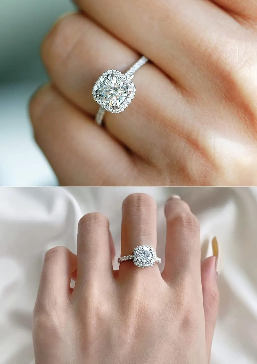 1-2CT Moissanite Rings, Round Cut Square Halo Engagement Rings w/Light Box, VVSI Excellent D color, Platinum Plated Wedding Bands, Size from 4.5 to 9