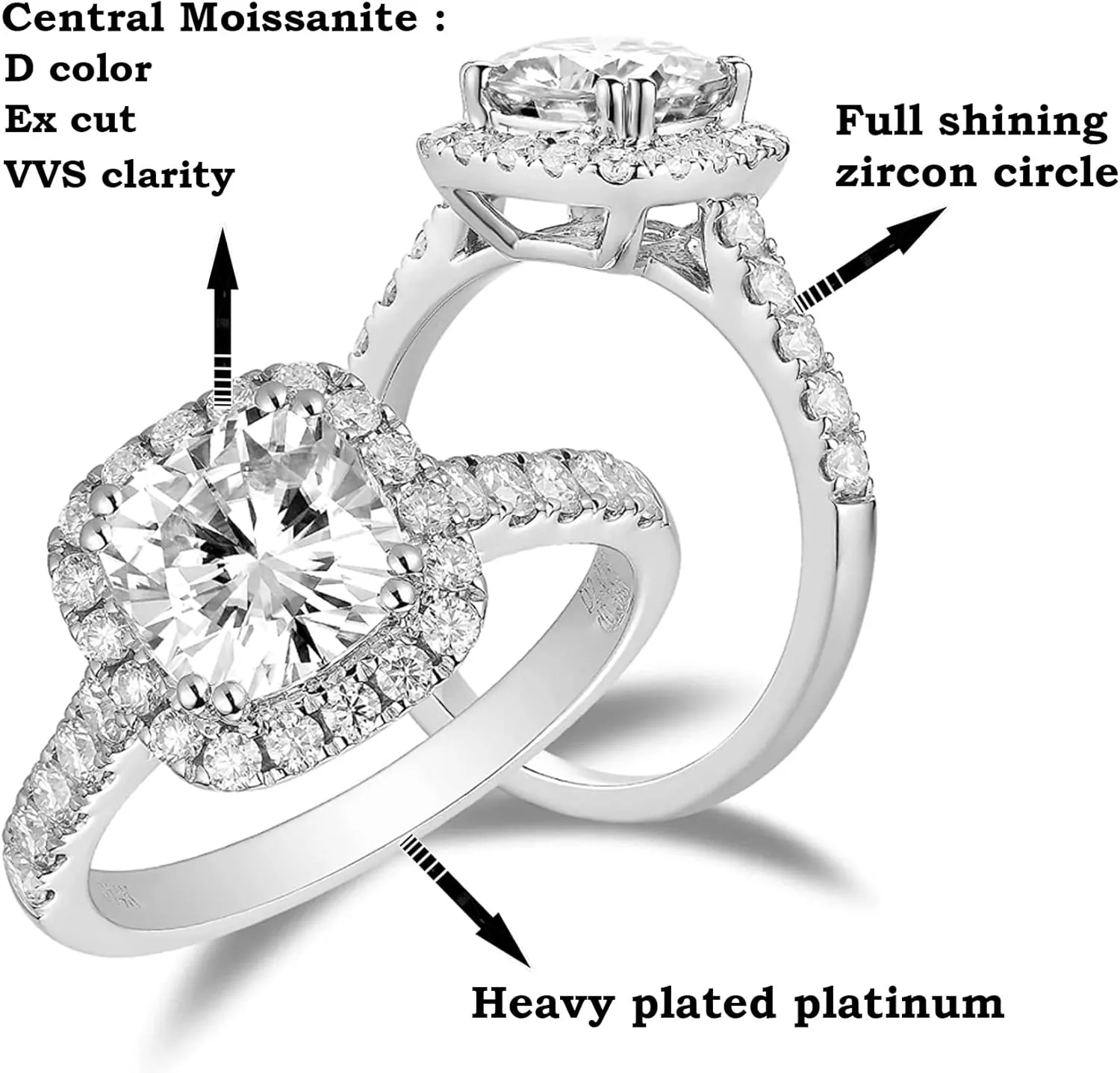 1-2CT Moissanite Rings, Round Cut Square Halo Engagement Rings w/Light Box, VVSI Excellent D color, Platinum Plated Wedding Bands, Size from 4.5 to 9