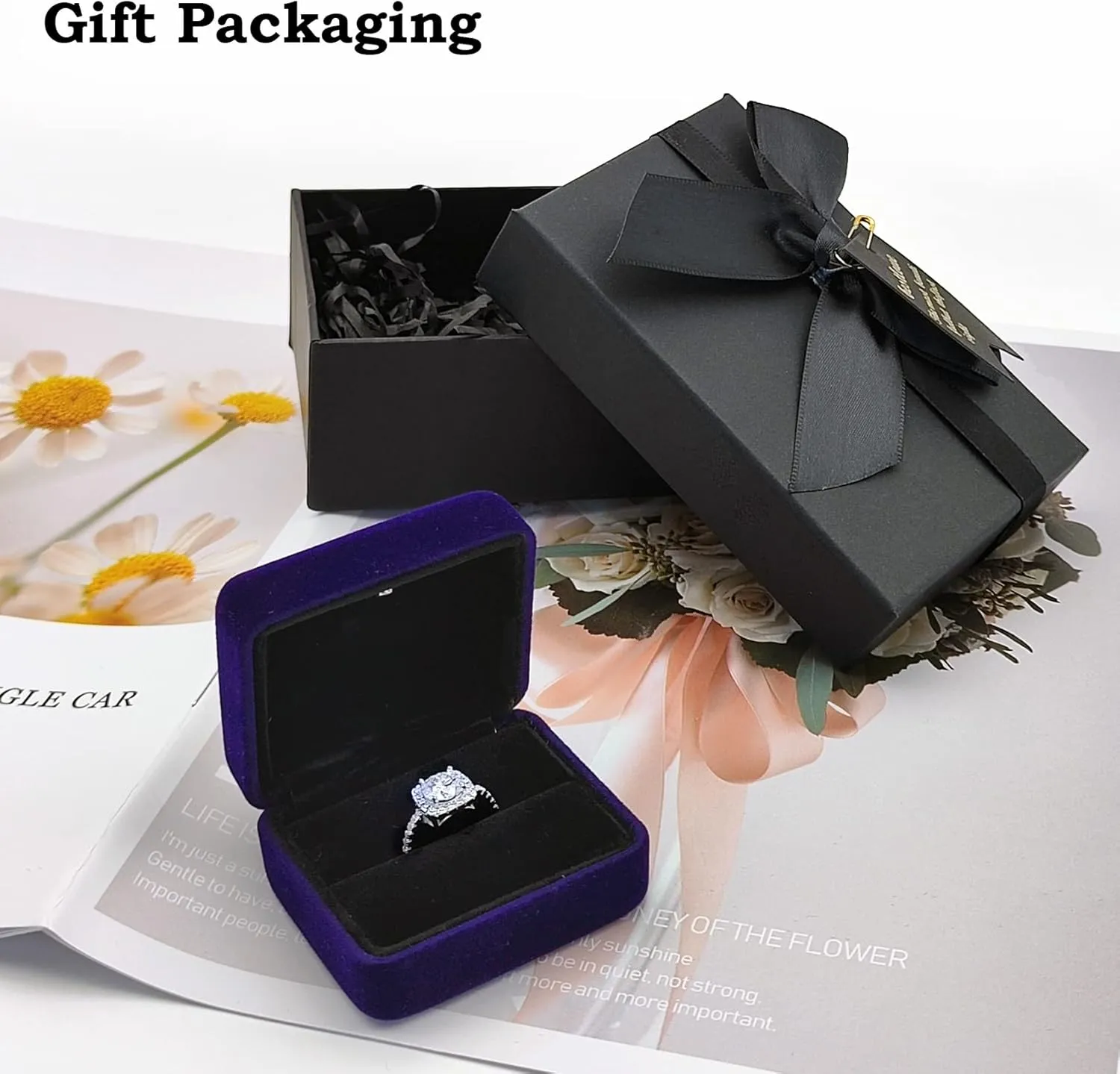 1-2CT Moissanite Rings, Round Cut Square Halo Engagement Rings w/Light Box, VVSI Excellent D color, Platinum Plated Wedding Bands, Size from 4.5 to 9