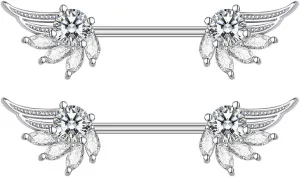 14G Angel Wings Stainless Steel Nipple Rings Sparkling Crystal Rhinestone CZ Straight Barbell Tongue Ring Nipplering Shield Bar Piercing Body Jewelry Fashion Jewelry Gifts for Women Girls Girlfriend