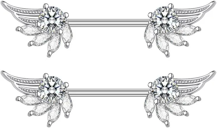 14G Angel Wings Stainless Steel Nipple Rings Sparkling Crystal Rhinestone CZ Straight Barbell Tongue Ring Nipplering Shield Bar Piercing Body Jewelry Fashion Jewelry Gifts for Women Girls Girlfriend