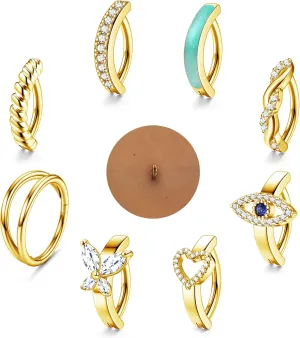14G Belly Button Ring 8Pcs Surgical Steel Belly Rings for Women Sparkling CZ Clicker Belly Button Ring Hoop Curved Barbell Evil Eye Heart Butterfly Belly Piercing Jewelry