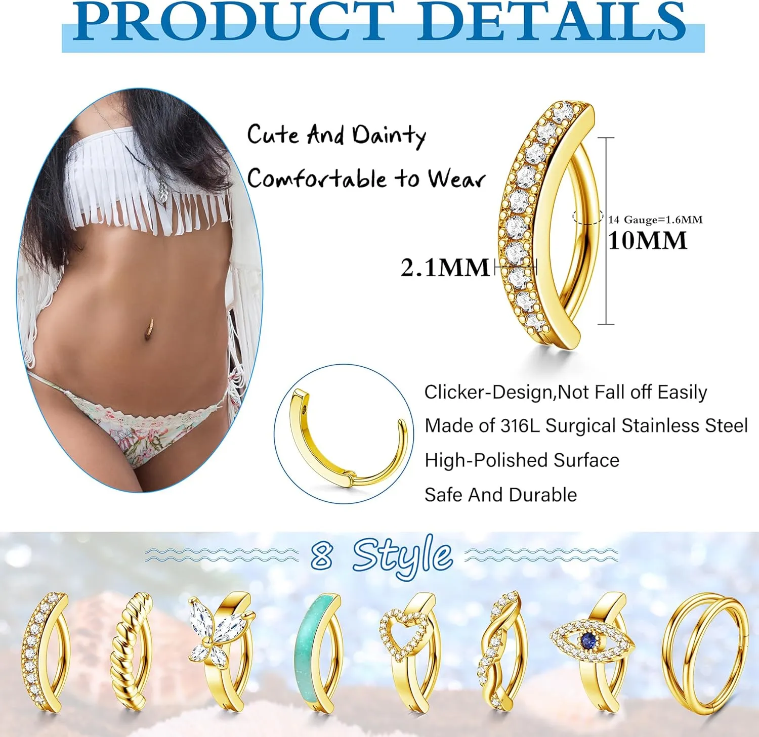 14G Belly Button Ring 8Pcs Surgical Steel Belly Rings for Women Sparkling CZ Clicker Belly Button Ring Hoop Curved Barbell Evil Eye Heart Butterfly Belly Piercing Jewelry