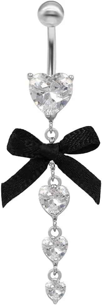 14G Bowknot Dangle Belly Button Ring for Women - Stainless Steel CZ Navel Rings Piercing Barbell - Sparkling Body Piercing Jewelry