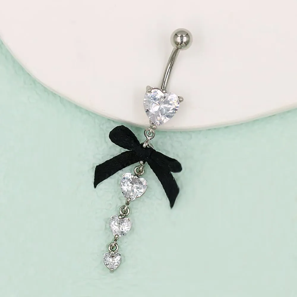 14G Bowknot Dangle Belly Button Ring for Women - Stainless Steel CZ Navel Rings Piercing Barbell - Sparkling Body Piercing Jewelry