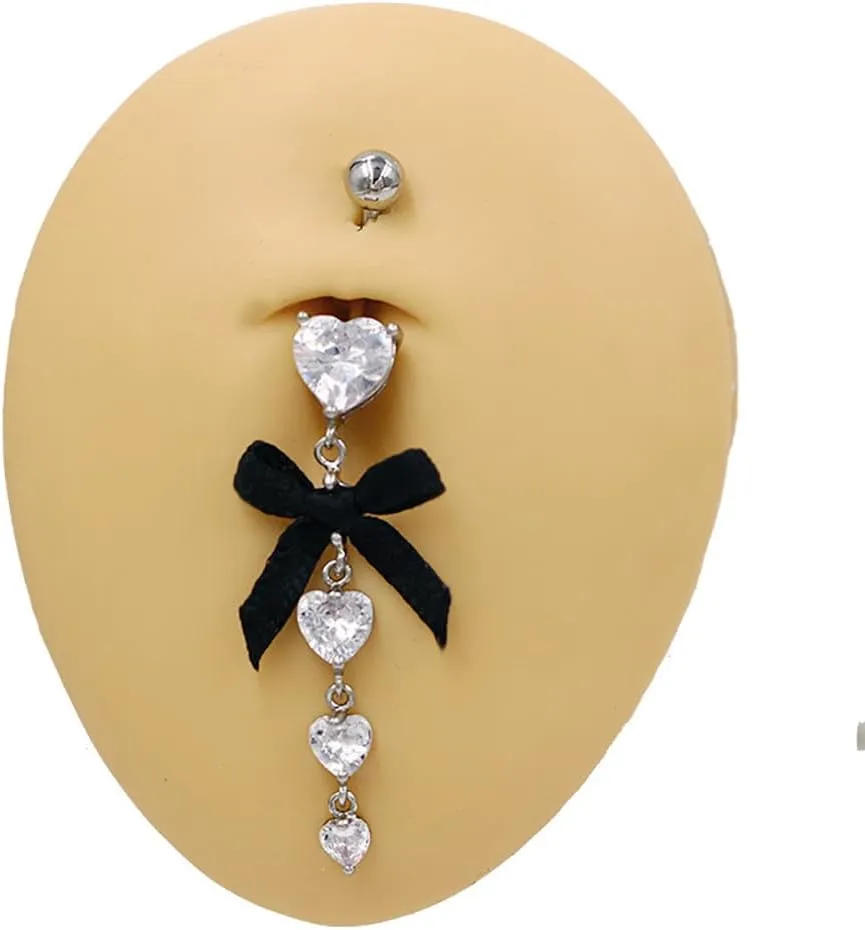 14G Bowknot Dangle Belly Button Ring for Women - Stainless Steel CZ Navel Rings Piercing Barbell - Sparkling Body Piercing Jewelry