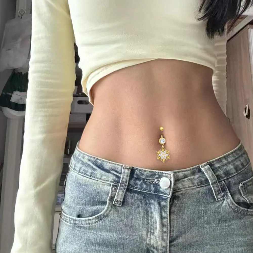14G CZ Snowflake Dangle Belly Button Rings for Women 316L Surgical Steel Belly Barbell Navel Rings Winter Belly Piercing Jewelry Christmas Gift