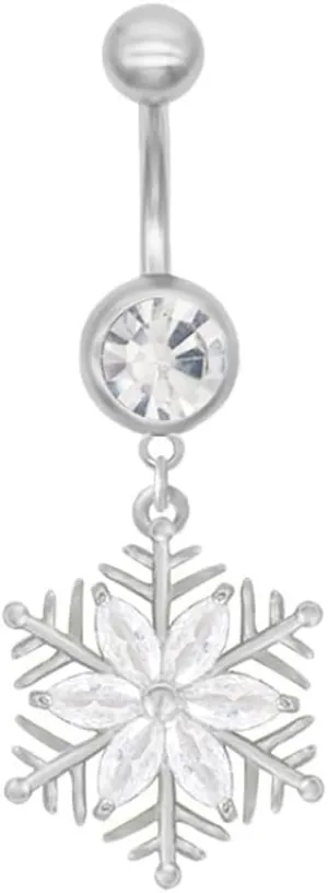 14G CZ Snowflake Dangle Belly Button Rings for Women 316L Surgical Steel Belly Barbell Navel Rings Winter Belly Piercing Jewelry Christmas Gift