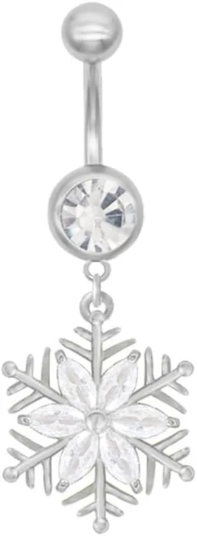 14G CZ Snowflake Dangle Belly Button Rings for Women 316L Surgical Steel Belly Barbell Navel Rings Winter Belly Piercing Jewelry Christmas Gift