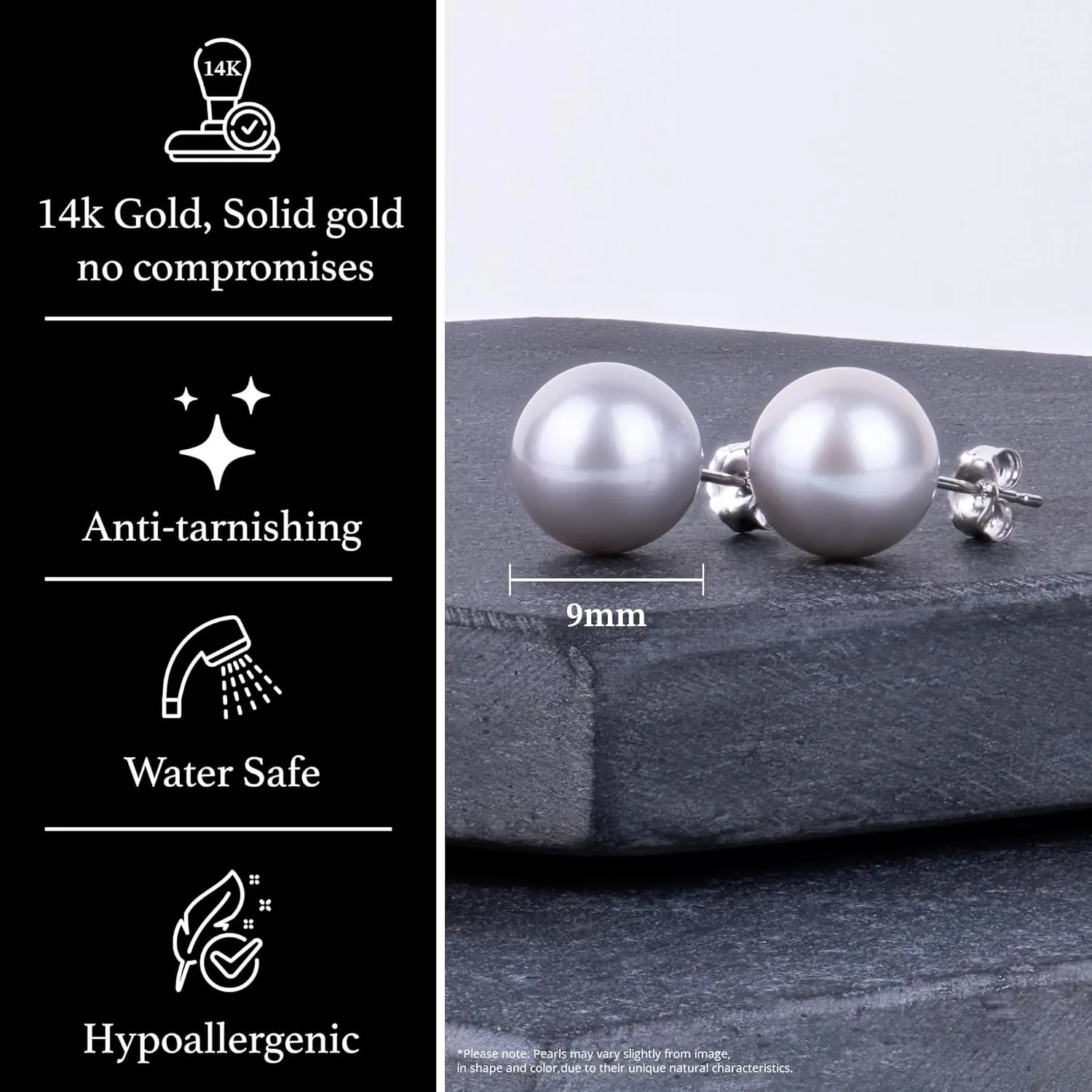 14K Gold Handpicked AAA Quality Round Gray Freshwater Cultured Pearl Stud Earrings Set for Women