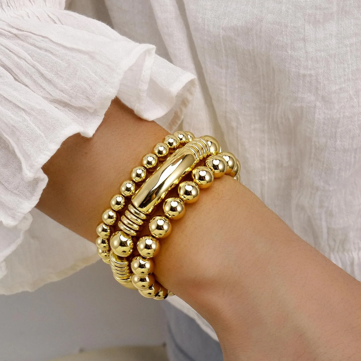 14K Gold Plated Bangles Bracelet for Women Chunky Curved Stacking Plated Bead Ball Stretchable Bracelets