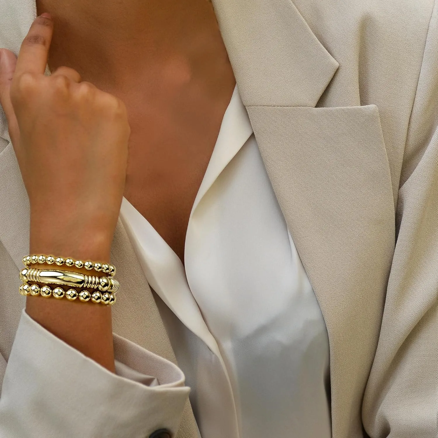 14K Gold Plated Bangles Bracelet for Women Chunky Curved Stacking Plated Bead Ball Stretchable Bracelets
