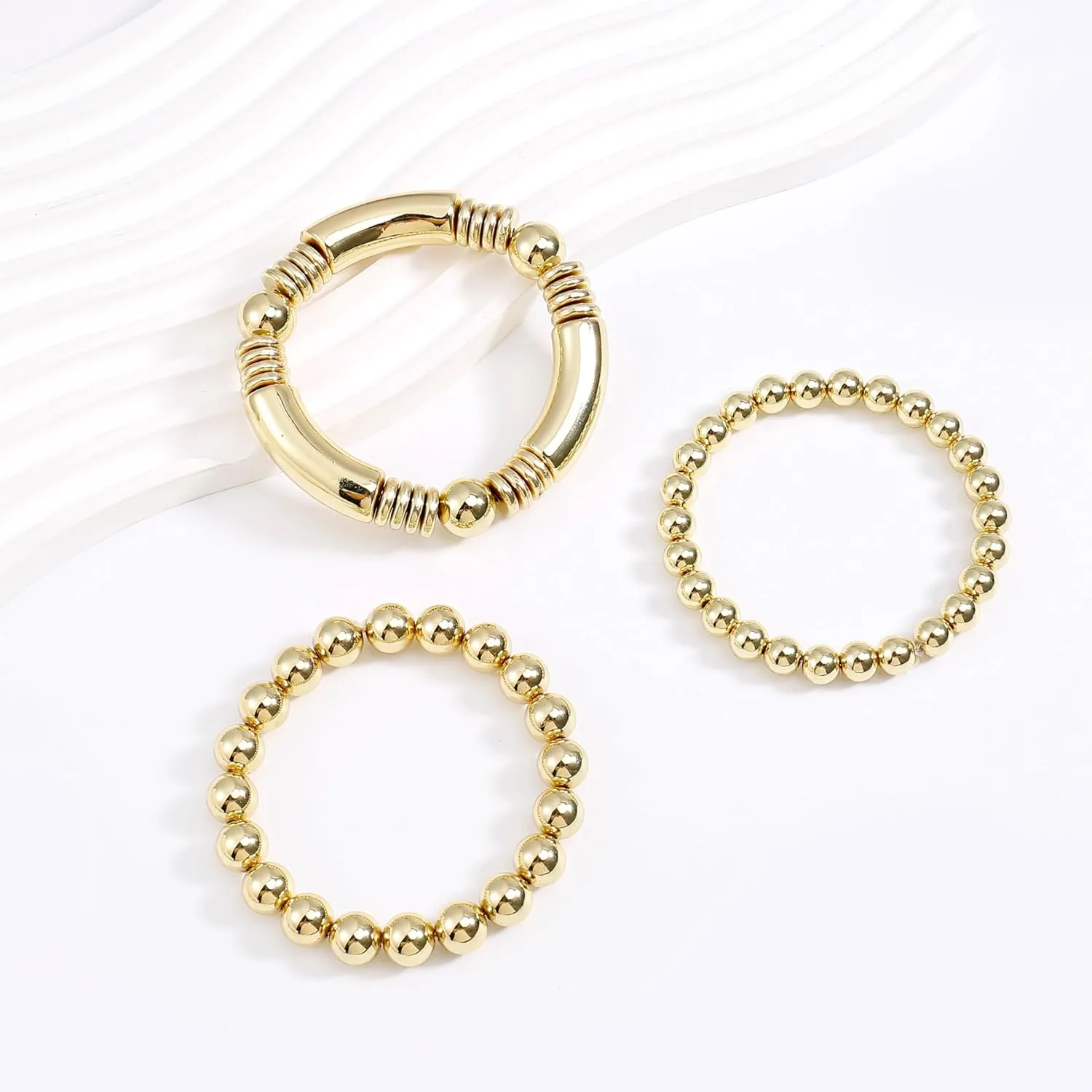 14K Gold Plated Bangles Bracelet for Women Chunky Curved Stacking Plated Bead Ball Stretchable Bracelets