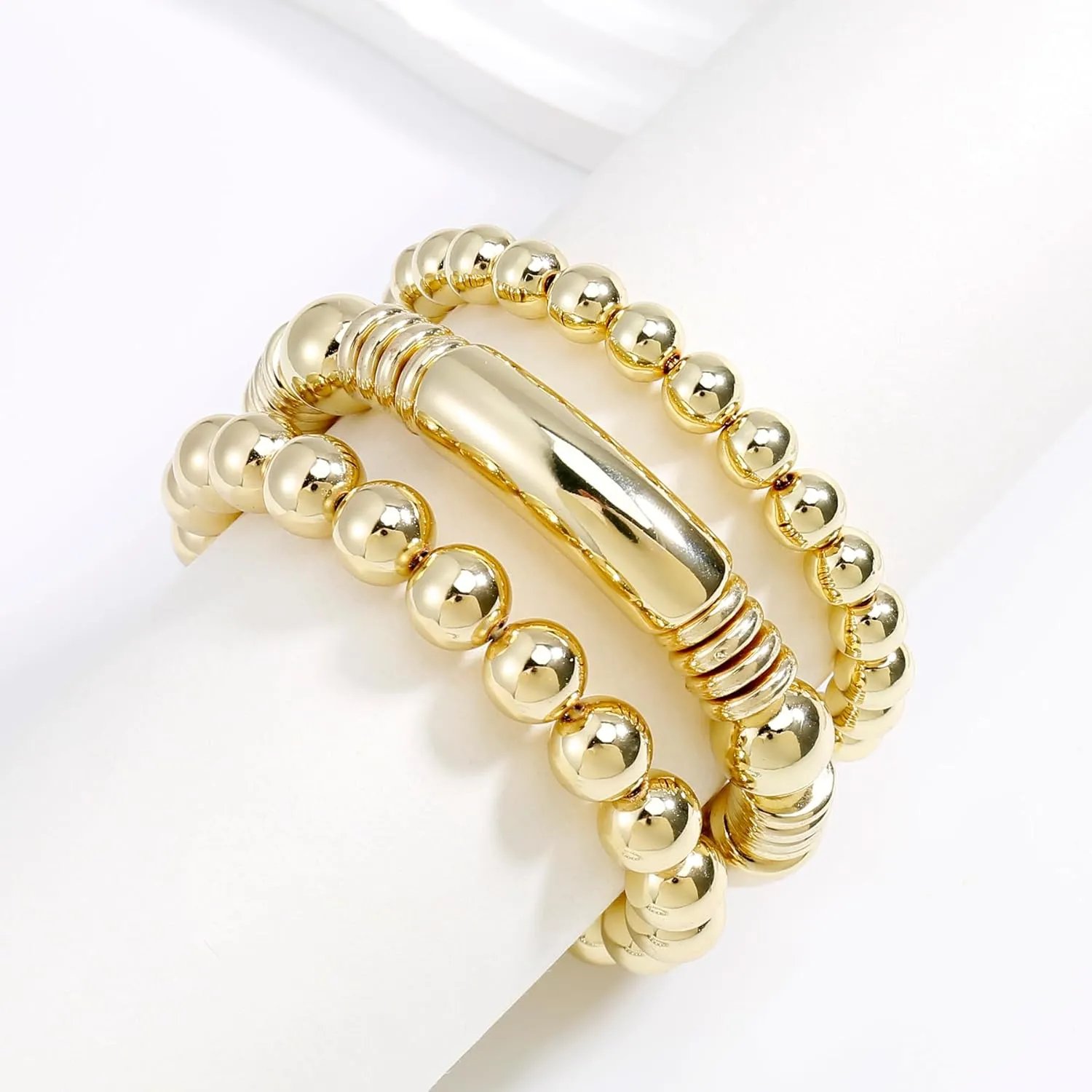 14K Gold Plated Bangles Bracelet for Women Chunky Curved Stacking Plated Bead Ball Stretchable Bracelets