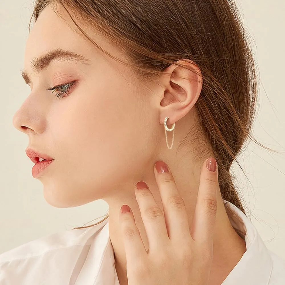 14K Solid Gold over S925 Silver Diamond Earrings, 0.056 Carat Round Cut VVS1 Clarity Ear Hoops with Tassel Chain - Unique, Fashionable Ear Adornments