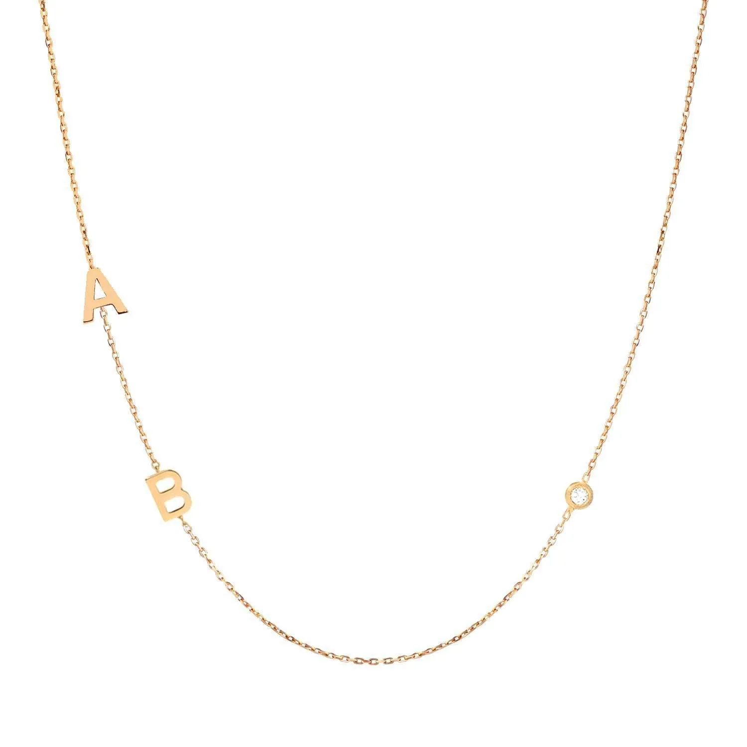 14K Solid Gold Sideways Initial Necklace with Solitaire Diamond - Personalized Gift, Elegant Statement Jewelry, Christmas & Mother's Day Gift