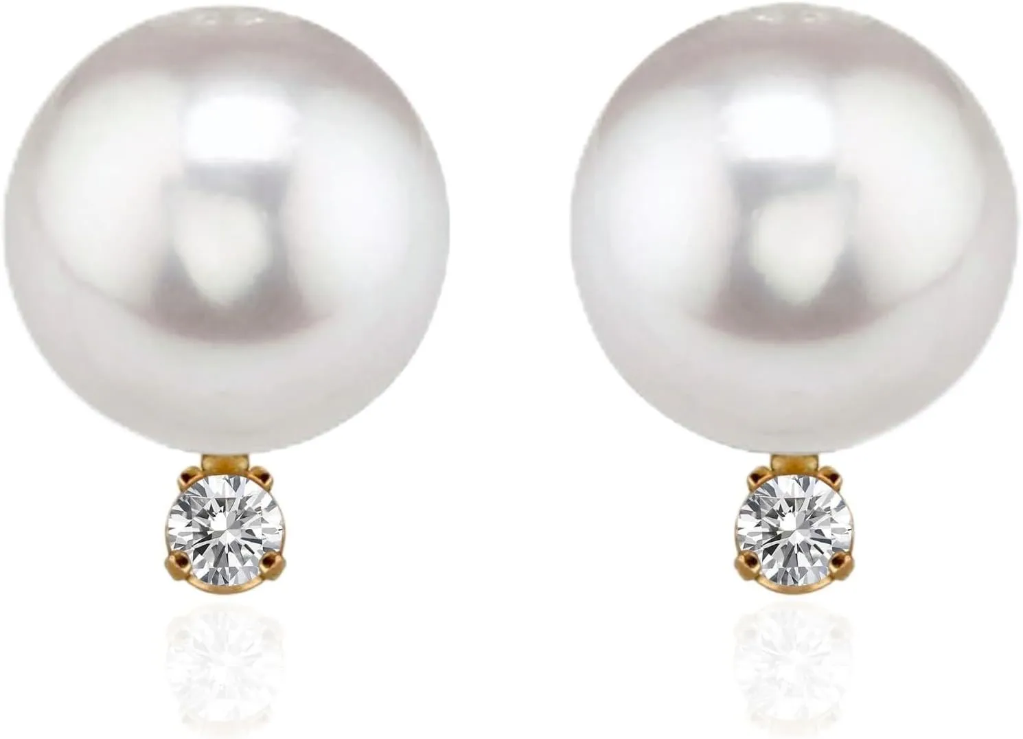 14K Yellow Gold AAA Quality Genuine Akoya Saltwater Cultured Pearl and Diamond Stud Earrings for Women