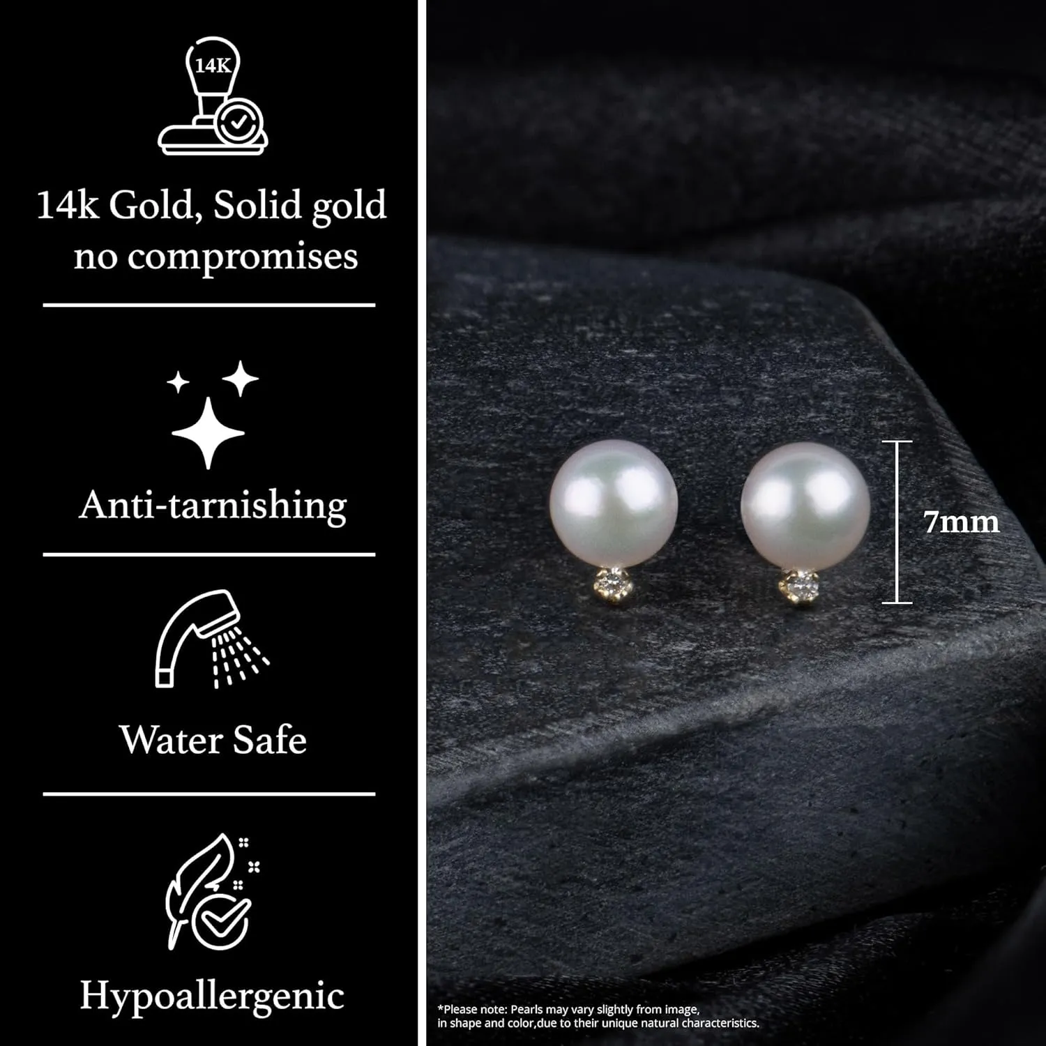 14K Yellow Gold AAA Quality Genuine Akoya Saltwater Cultured Pearl and Diamond Stud Earrings for Women