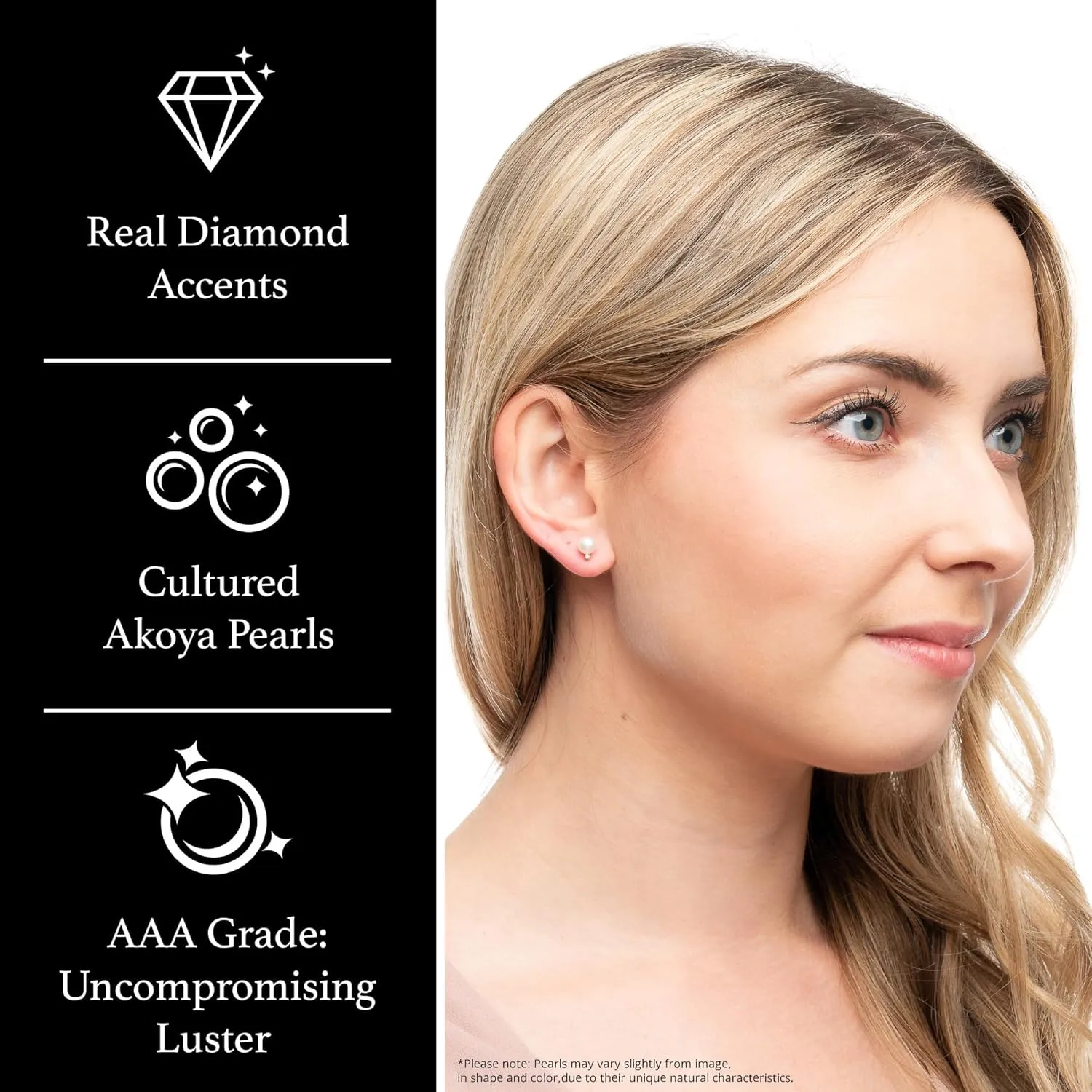 14K Yellow Gold AAA Quality Genuine Akoya Saltwater Cultured Pearl and Diamond Stud Earrings for Women