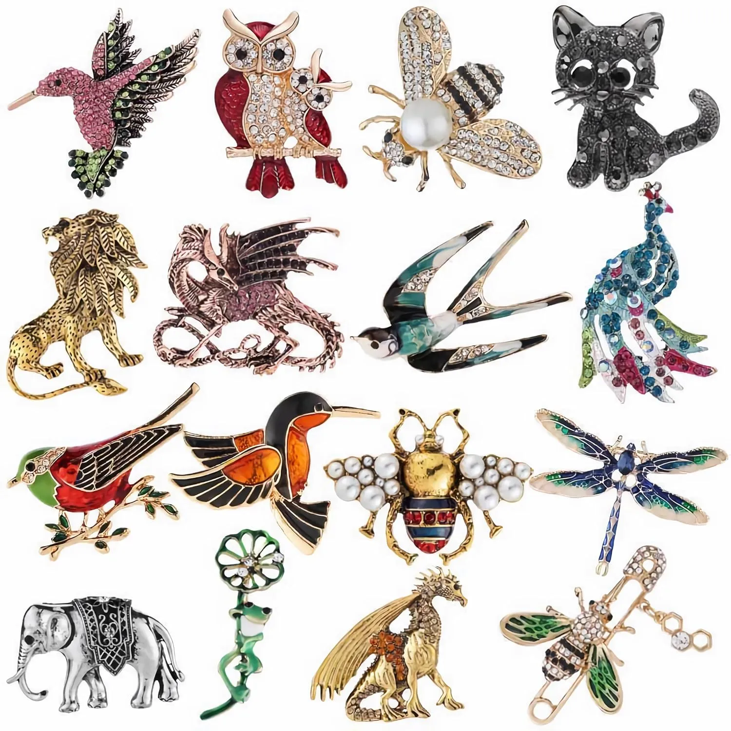 16pcs Women and men Brooches Set insert with Rhinestone Crystal,Stylish and exquisite Brooch Pins,Metal Badge Jewelry Accessory for Shirts, sweaters, bagsAnimal brooches, dragon pins, bird brooches, insect pins