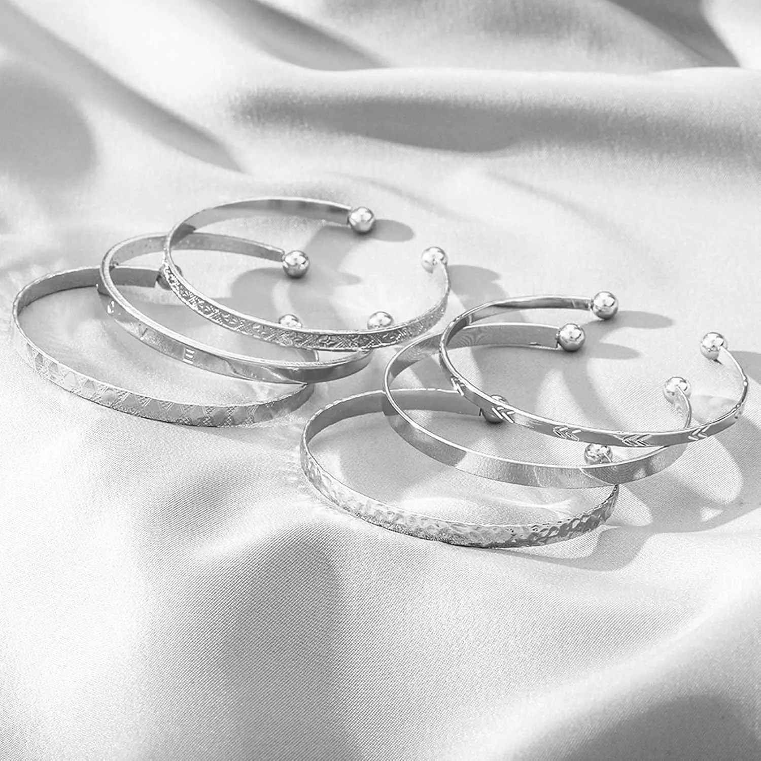 17IF Silver Bangle Bracelet For Women 14k Plated Multi Layer Cuff Bracelets Set Trendy Boho Textured Indian Punk Chunky Cable Smooth Bangles Elegance Stack Minimalist Jewelry Gift