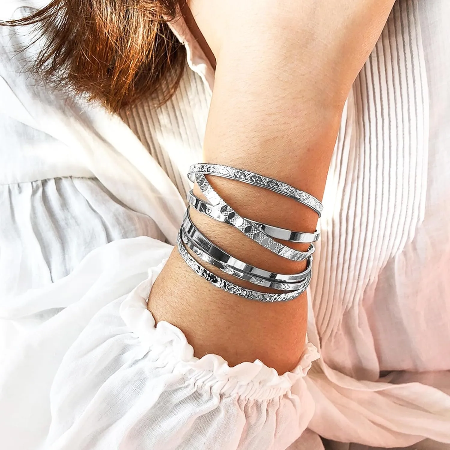 17IF Silver Bangle Bracelet For Women 14k Plated Multi Layer Cuff Bracelets Set Trendy Boho Textured Indian Punk Chunky Cable Smooth Bangles Elegance Stack Minimalist Jewelry Gift