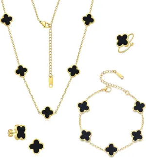 18K Gold Plated Clover Bracelet Set for Women White Black Gold Silver Adjustable Link Double-Sided Lucky Bracelets Trendy Jewelry Gifts for Women