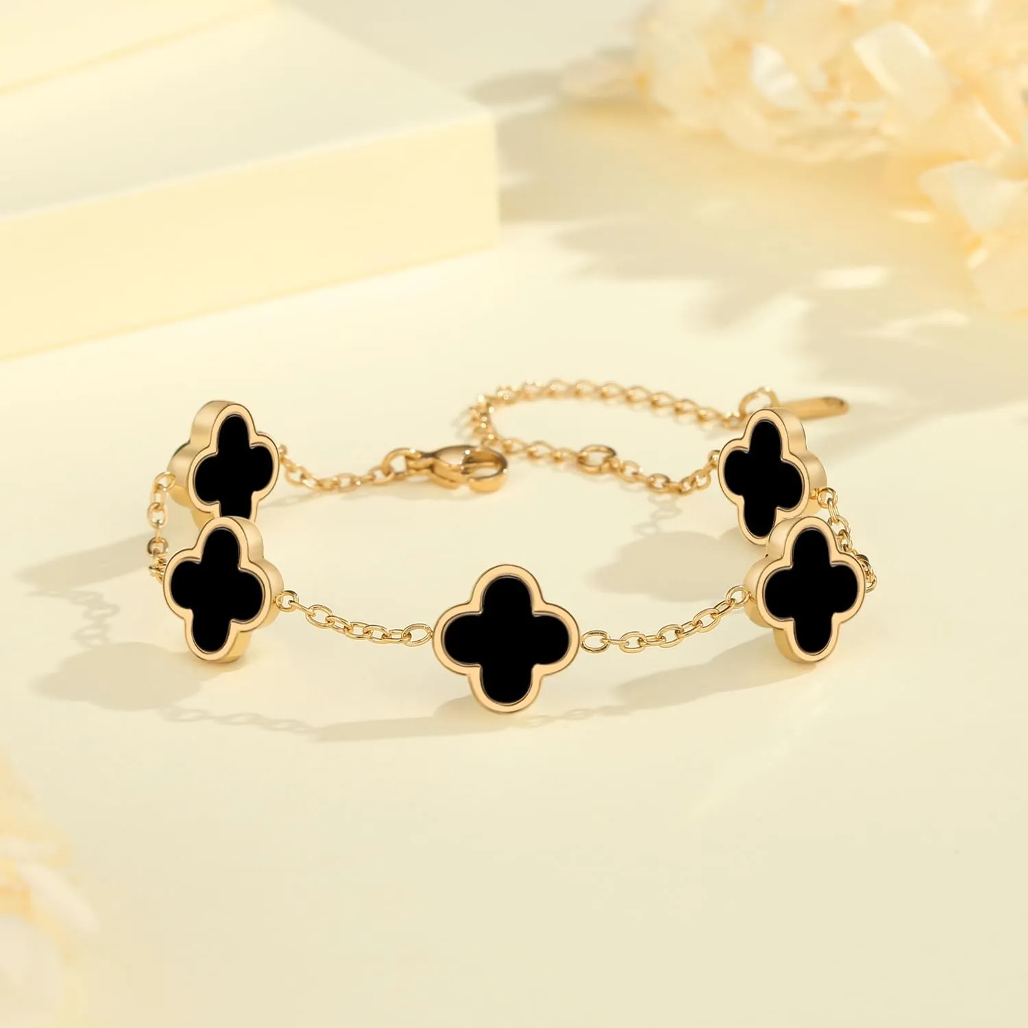 18K Gold Plated Clover Bracelet Set for Women White Black Gold Silver Adjustable Link Double-Sided Lucky Bracelets Trendy Jewelry Gifts for Women