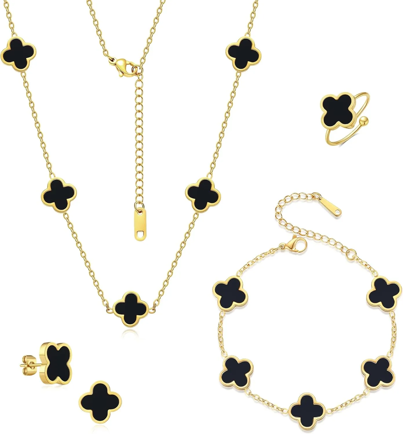 18K Gold Plated Clover Bracelet Set for Women White Black Gold Silver Adjustable Link Double-Sided Lucky Bracelets Trendy Jewelry Gifts for Women