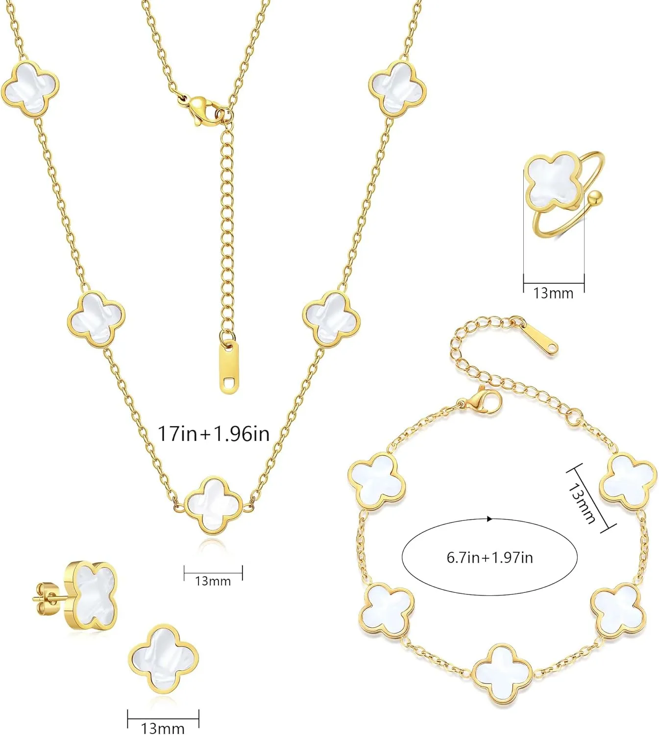 18K Gold Plated Clover Bracelet Set for Women White Black Gold Silver Adjustable Link Double-Sided Lucky Bracelets Trendy Jewelry Gifts for Women