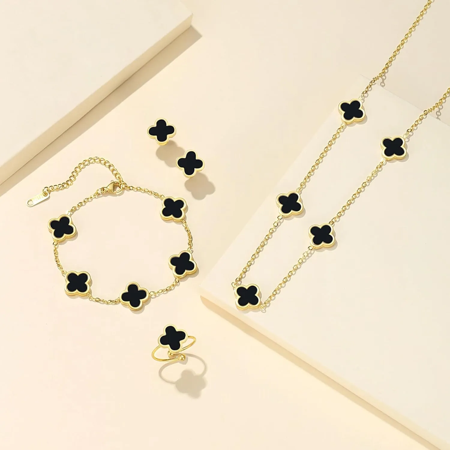 18K Gold Plated Clover Bracelet Set for Women White Black Gold Silver Adjustable Link Double-Sided Lucky Bracelets Trendy Jewelry Gifts for Women