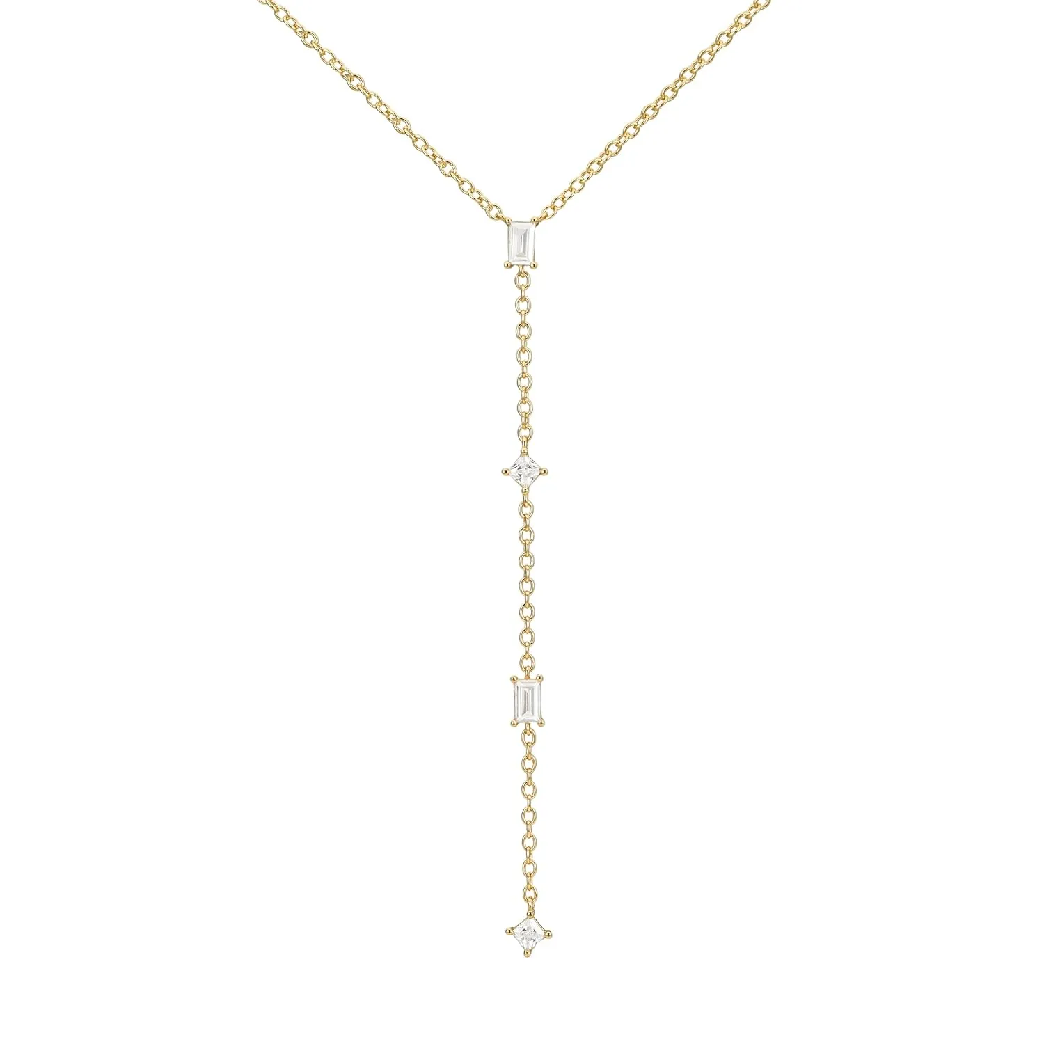 18k Gold Vermeil 4 Diamond Statement Lariat Necklace, Elegant & Dainty June Birthstone Long Necklace, CZ Necklaces for Women with Faux Diamonds, Wedding Guest Jewelry for Brides