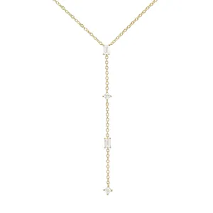 18k Gold Vermeil 4 Diamond Statement Lariat Necklace, Elegant & Dainty June Birthstone Long Necklace, CZ Necklaces for Women with Faux Diamonds, Wedding Guest Jewelry for Brides