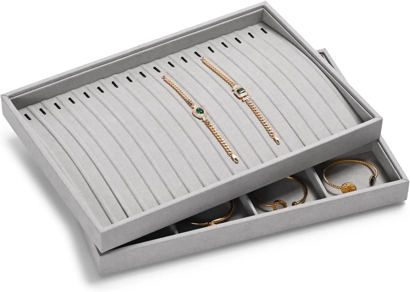 18Slots Necklace Braclet Tray Velvet Jewelry Trays Microfiber Jewelry Drawer Organizer for Necklace, Bracelets,Watch Storage Display (Grey)