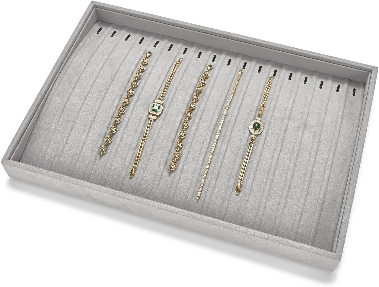 18Slots Necklace Braclet Tray Velvet Jewelry Trays Microfiber Jewelry Drawer Organizer for Necklace, Bracelets,Watch Storage Display (Grey)