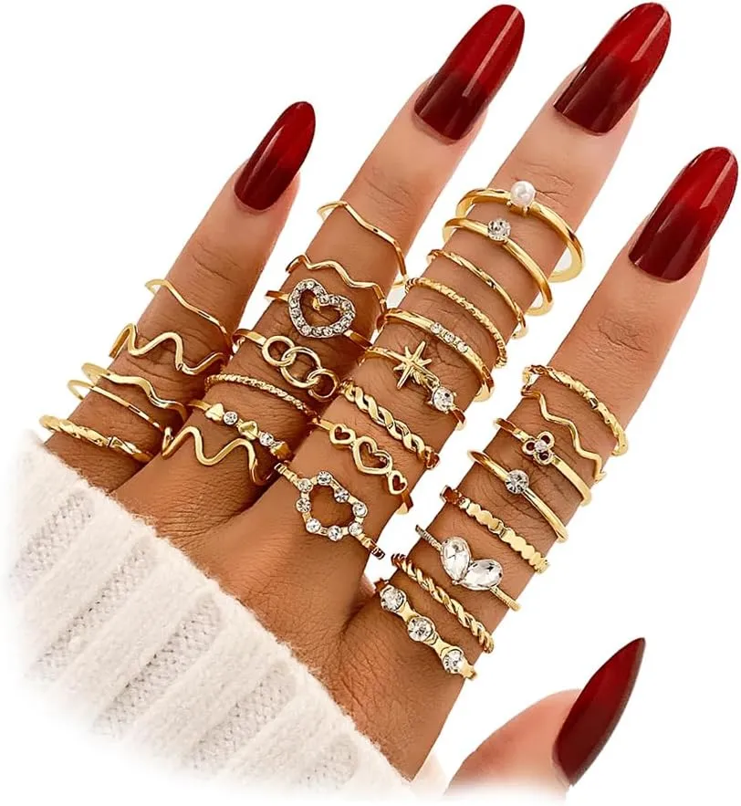 19-36 Pcs Gold Boho Knuckle Rings Set for Women, Vintage Stackable Dainty Joint Finger Gold Jewelry Set with Love Pearl and Sparkling Crystals