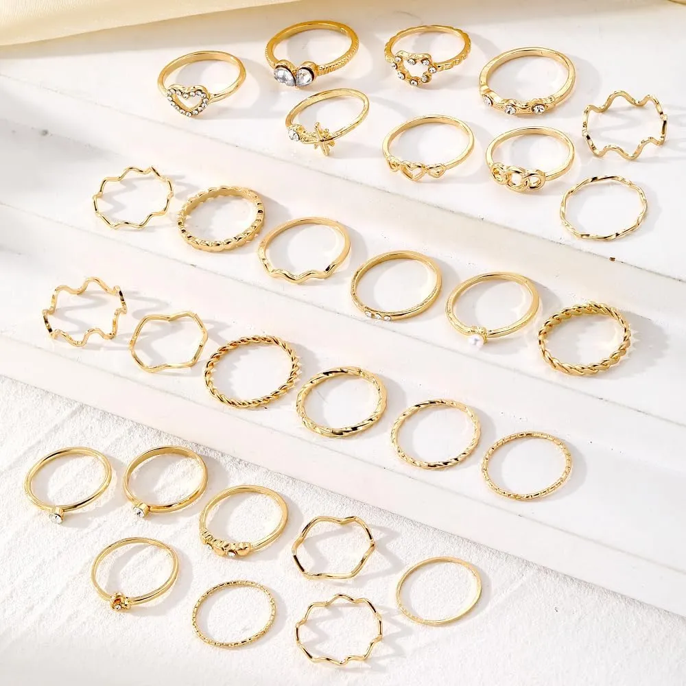 19-36 Pcs Gold Boho Knuckle Rings Set for Women, Vintage Stackable Dainty Joint Finger Gold Jewelry Set with Love Pearl and Sparkling Crystals