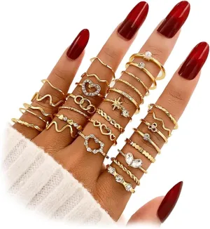 19-36 Pcs Gold Boho Knuckle Rings Set for Women, Vintage Stackable Dainty Joint Finger Gold Jewelry Set with Love Pearl and Sparkling Crystals