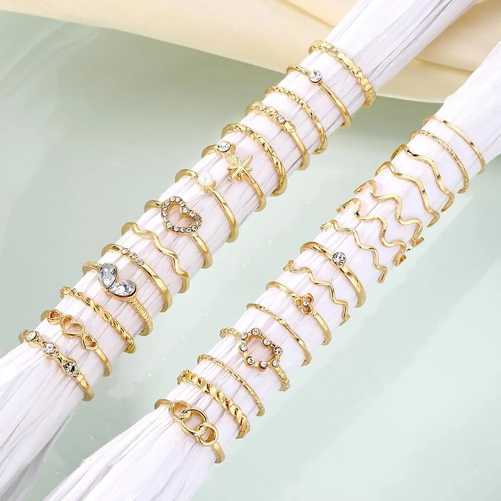 19-36 Pcs Gold Boho Knuckle Rings Set for Women, Vintage Stackable Dainty Joint Finger Gold Jewelry Set with Love Pearl and Sparkling Crystals