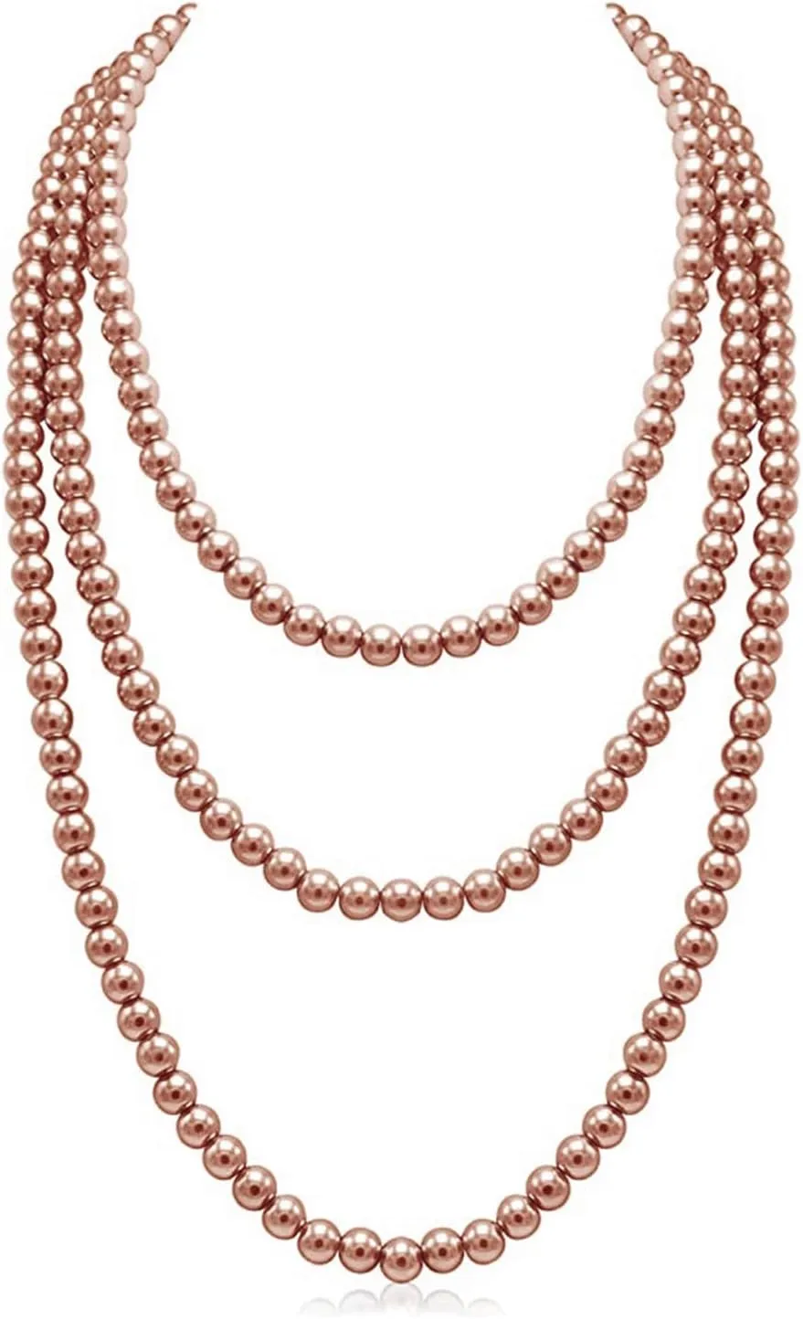 1920s Flapper Faux Pearls Long Beaded Necklace, Gatsby Ballgown Cosplay Necklace, Old School Vintage Layered Pearls Necklace for Women Prom Jewelry