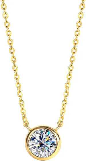 1CT Moissanite Solitaire Necklace D Color VVS1 925 Sterling Silver Elegant Bezel Pendant Dainty Halo Choker Necklaces for Women Wife Mom (Yellow Gold)