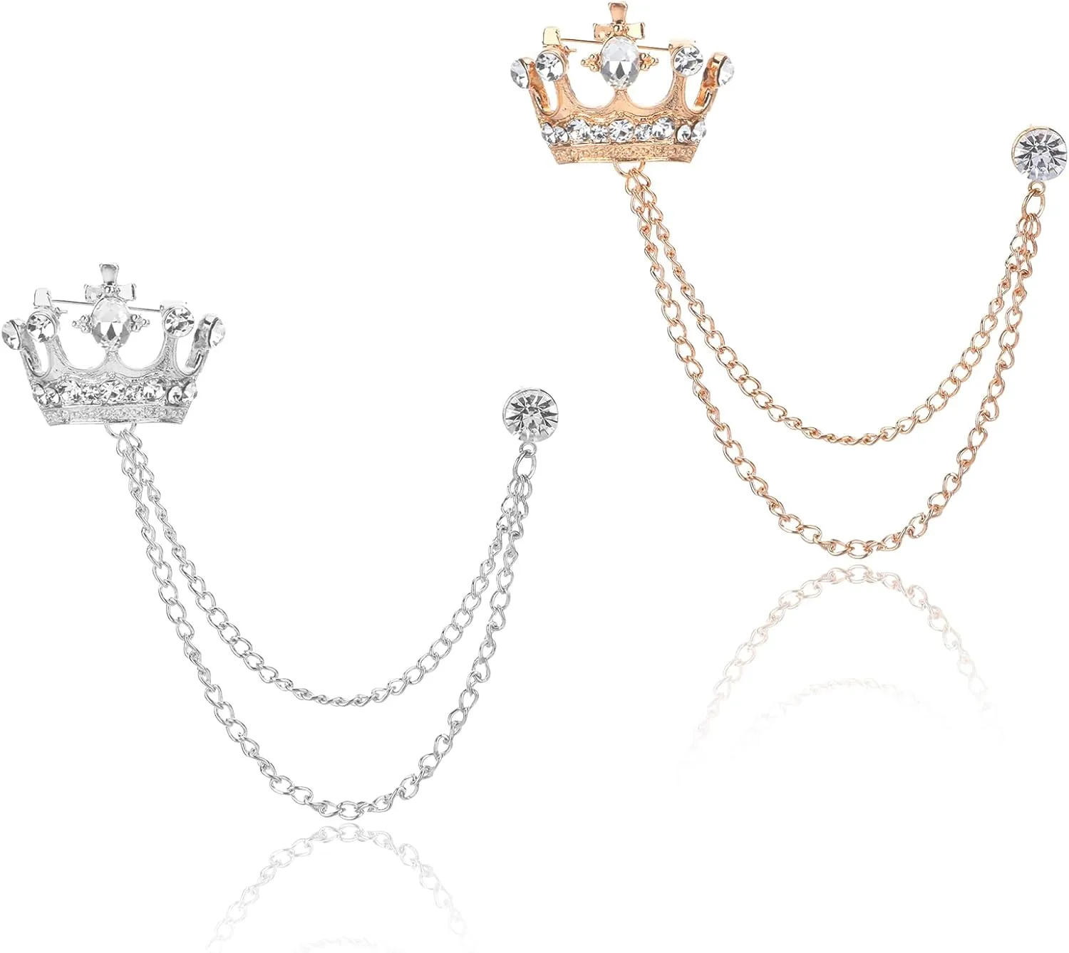 2 Pcs Crown Pins, Suit Accessories Men, Lapel Pin for Men, Brooch Pin, Suit Chain for Men, Suit Pins for Men, Crown Brooch Pin, Chain Brooch, Tuxedo Accessories Men, Wedding Brooch Pin (Gold & Silver)