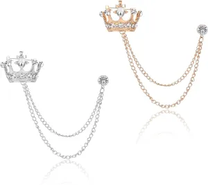2 Pcs Crown Pins, Suit Accessories Men, Lapel Pin for Men, Brooch Pin, Suit Chain for Men, Suit Pins for Men, Crown Brooch Pin, Chain Brooch, Tuxedo Accessories Men, Wedding Brooch Pin (Gold & Silver)