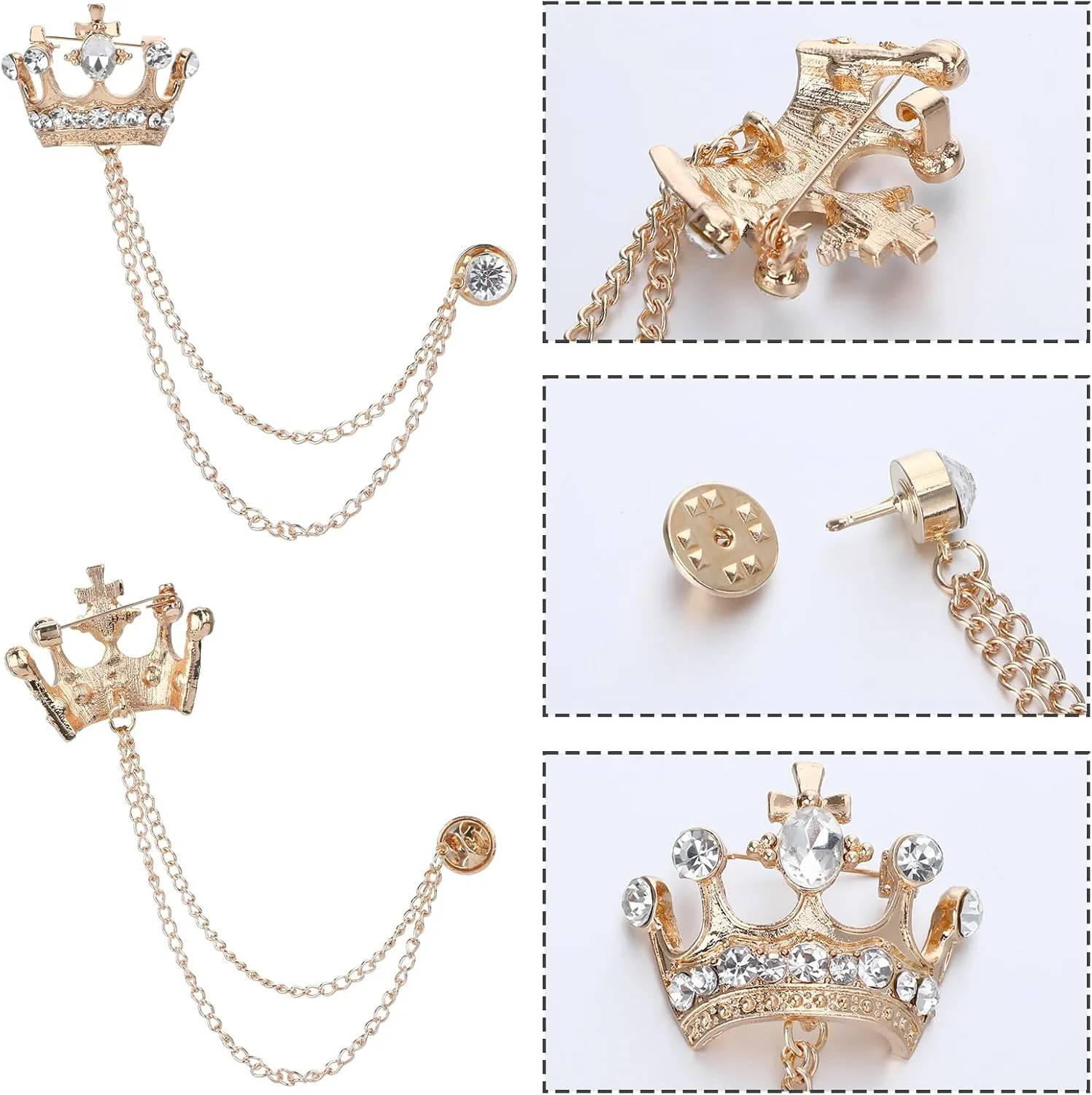 2 Pcs Crown Pins, Suit Accessories Men, Lapel Pin for Men, Brooch Pin, Suit Chain for Men, Suit Pins for Men, Crown Brooch Pin, Chain Brooch, Tuxedo Accessories Men, Wedding Brooch Pin (Gold & Silver)