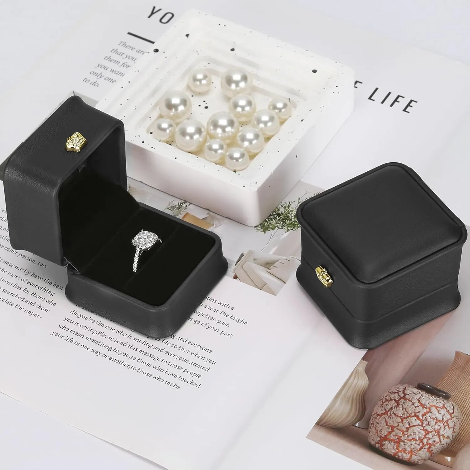 2 Pieces Jewelry Wedding Ring Gift box, Small PU Leather rings Earring Stud Holder Case for Proposal Wedding Engagement Ceremony, Romantic Jewelry Organizer Storage Boxes for Women Girl (Black)