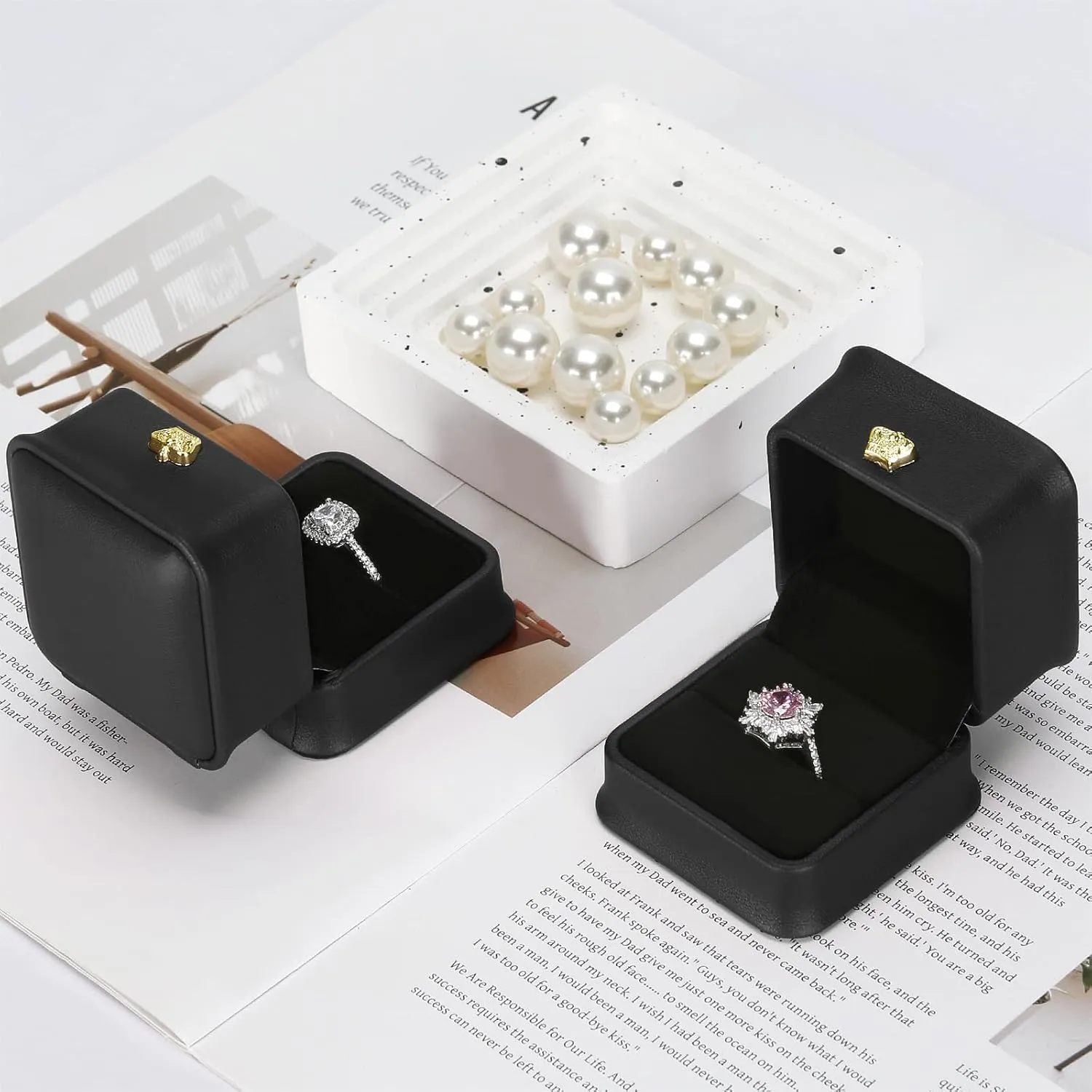 2 Pieces Jewelry Wedding Ring Gift box, Small PU Leather rings Earring Stud Holder Case for Proposal Wedding Engagement Ceremony, Romantic Jewelry Organizer Storage Boxes for Women Girl (Black)