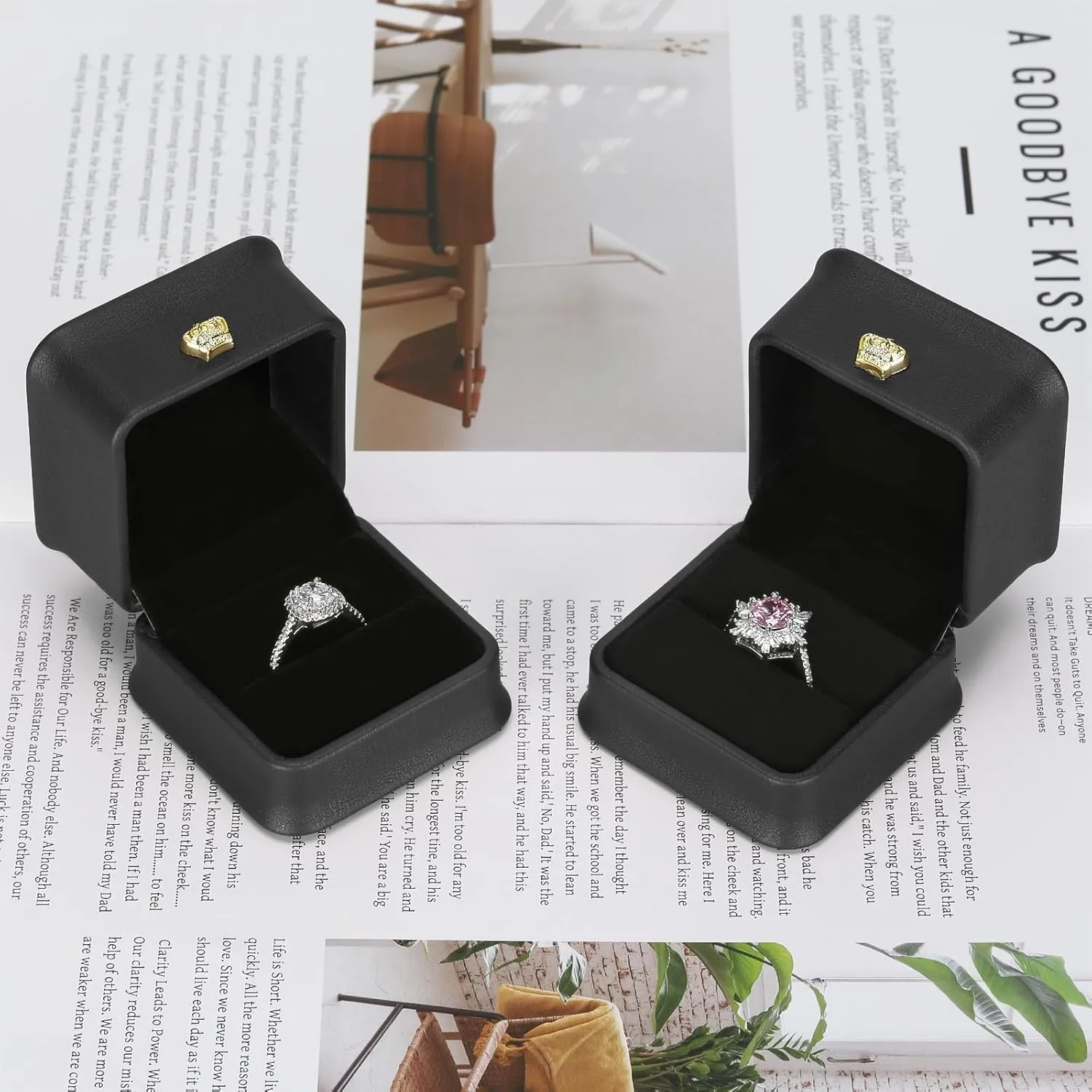 2 Pieces Jewelry Wedding Ring Gift box, Small PU Leather rings Earring Stud Holder Case for Proposal Wedding Engagement Ceremony, Romantic Jewelry Organizer Storage Boxes for Women Girl (Black)