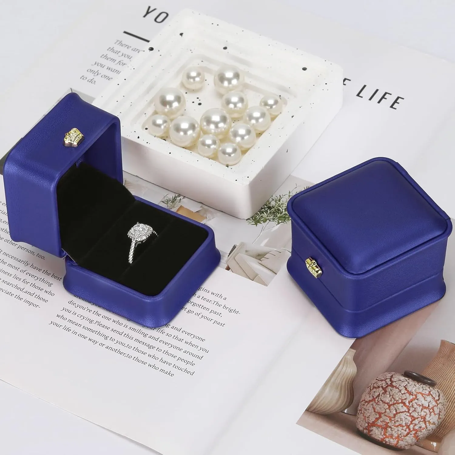 2 Pieces Jewelry Wedding Ring Gift box, Small PU Leather rings Earring Stud Holder Case for Proposal Wedding Engagement Ceremony, Romantic Jewelry Organizer Storage Boxes for Women Girl (Blue)