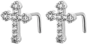 20G L-Shaped Cross Nose Rings for Women Girls 316L Surgical Steel Cubic Zirconia Cross Nose Studs Hypoallergenic Nostril Nose Piercing Jewelry