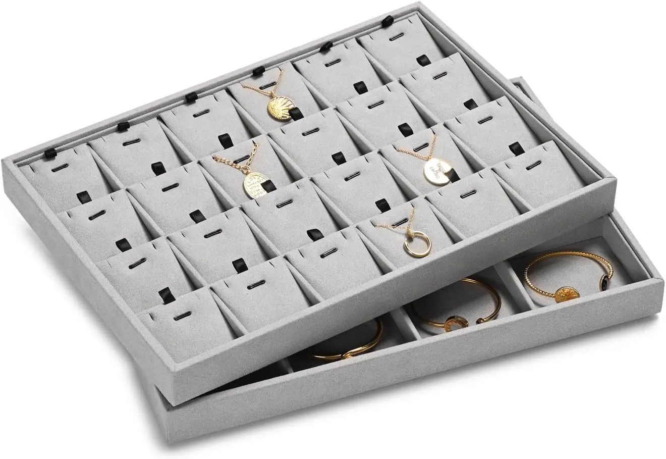 24 Grids Necklace Tray Jewelry Display Tray Necklace Holder Organizer for Drawers With Removable Jewelery Cards Pendant Bracelet Storage Holder (Grey